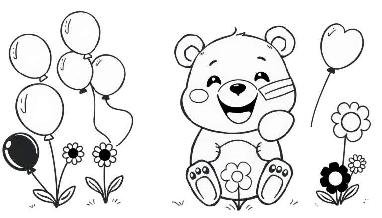 Página para colorir com um urso de pelúcia sorridente usando um curativo na bochecha, rodeado por flores, balões em forma de coração e outros balões.