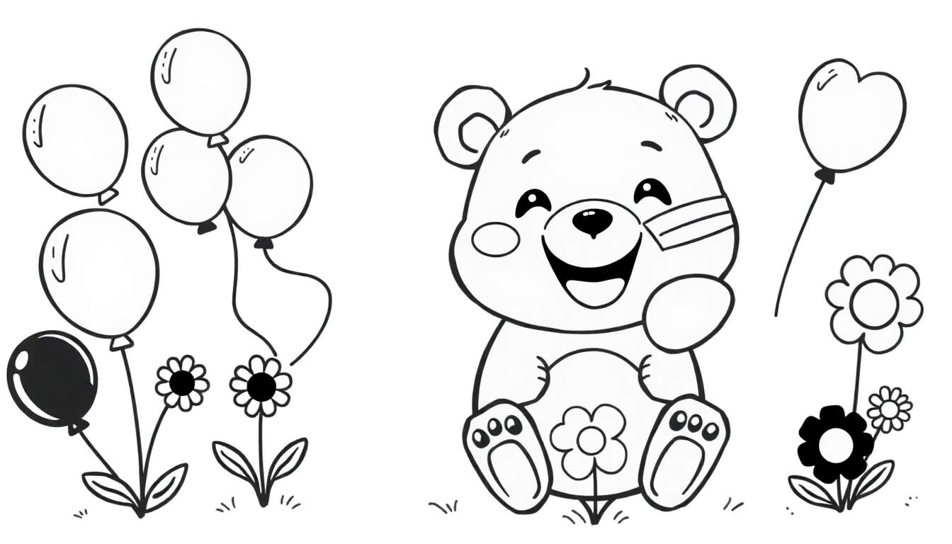 Página para colorir com um urso de pelúcia sorridente usando um curativo na bochecha, rodeado por flores, balões em forma de coração e outros balões.