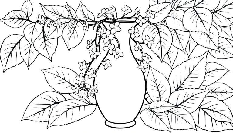 Desenho em preto e branco de um vaso ornamentado com flores e folhas, pronto para colorir.