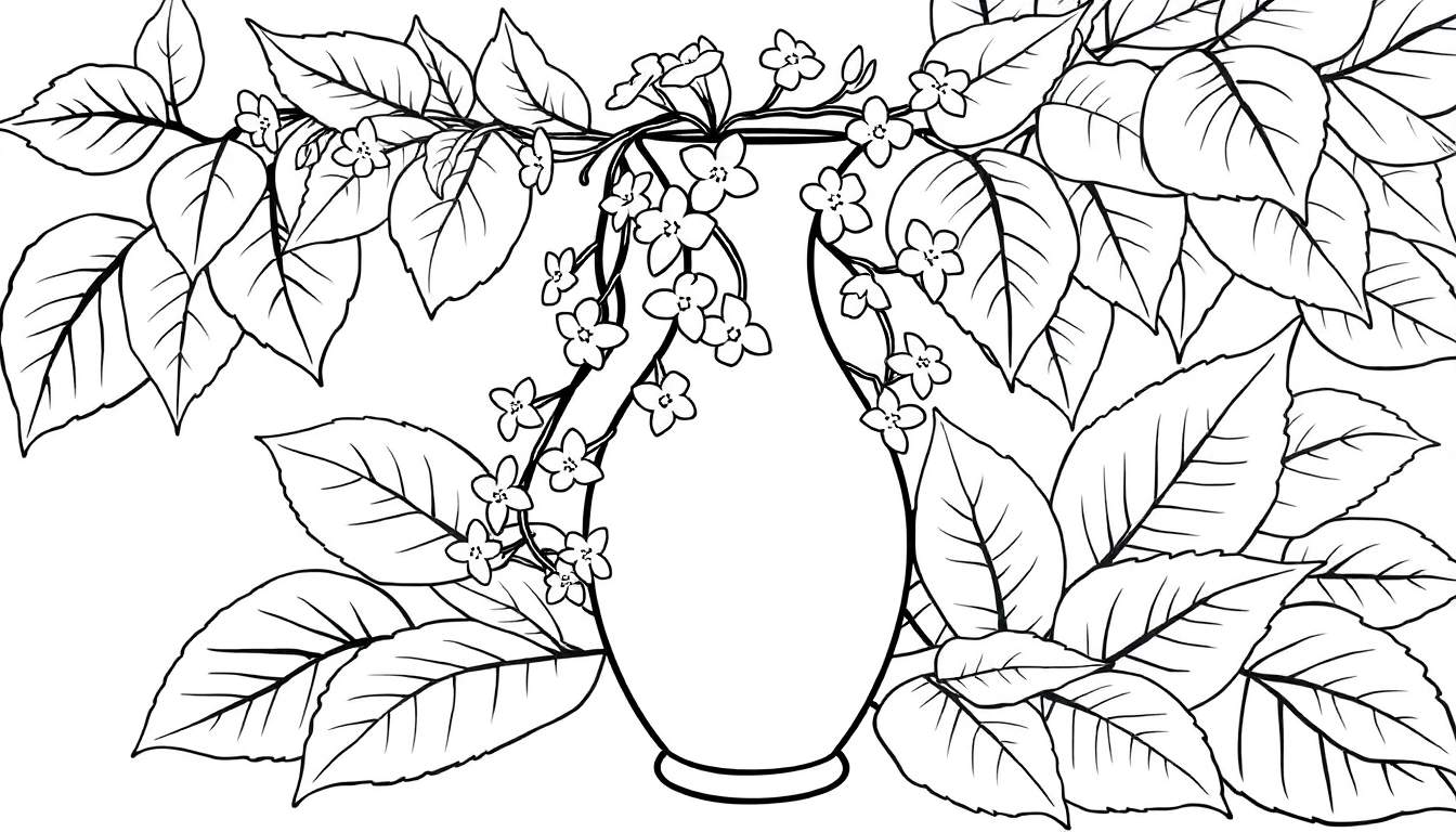 Desenho em preto e branco de um vaso ornamentado com flores e folhas, pronto para colorir.