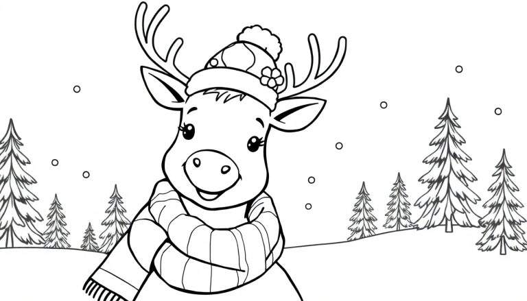 Desenho a preto e branco de um veado fofo com um gorro e cachecol, rodeado por árvores de Natal e flocos de neve.