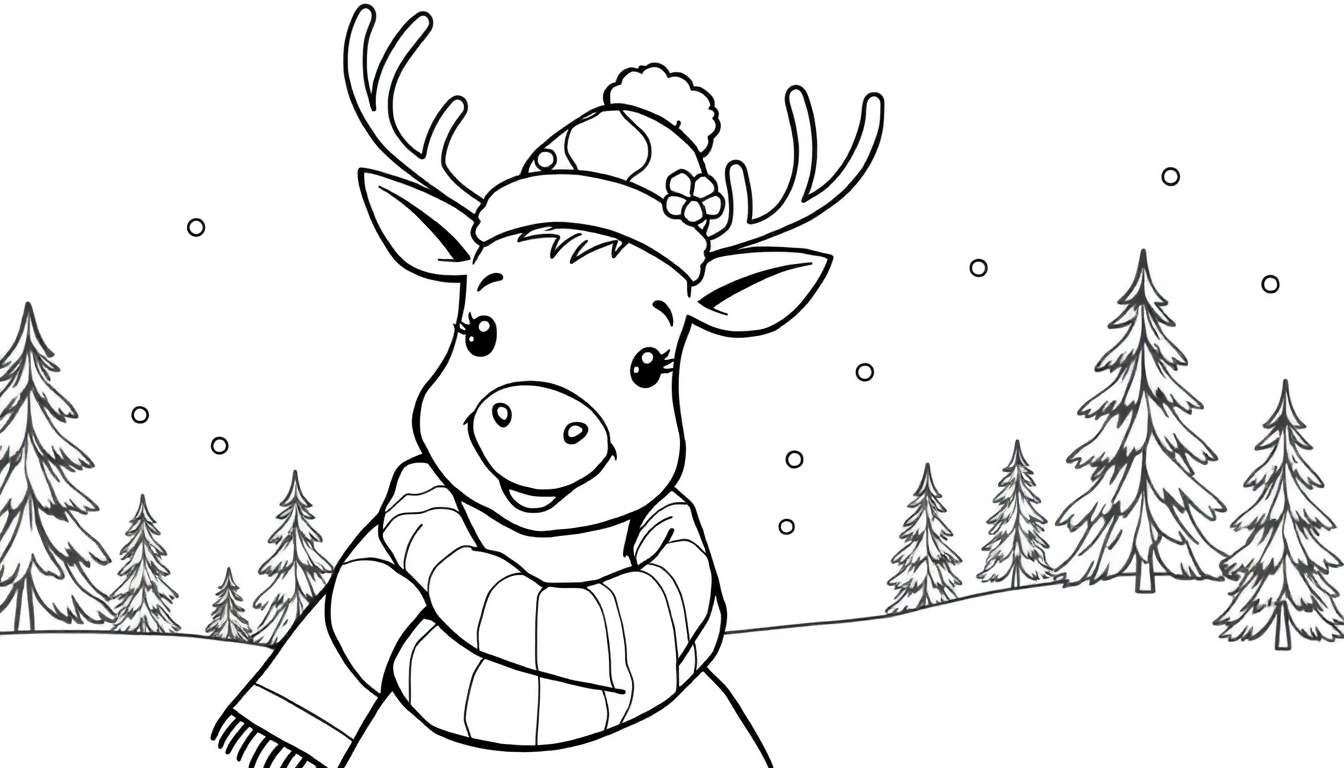 Desenho a preto e branco de um veado fofo com um gorro e cachecol, rodeado por árvores de Natal e flocos de neve.