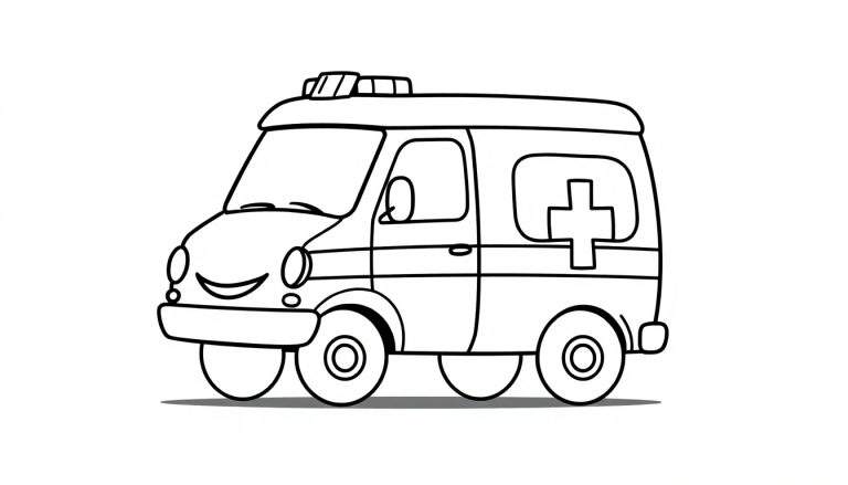Ilustração em preto e branco de uma ambulância de desenho animado com um sorriso, pronta para ser colorida.