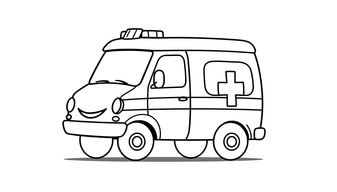 Ilustração em preto e branco de uma ambulância de desenho animado com um sorriso, pronta para ser colorida.