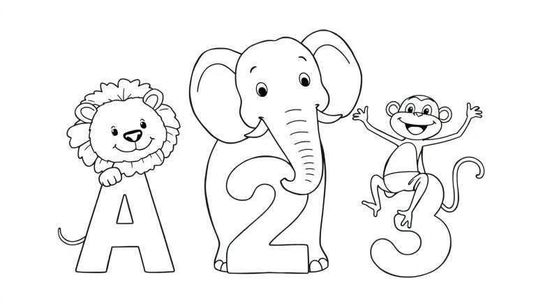 Página para colorir com leão na letra A, elefante no número 2 e macaco no número 3.