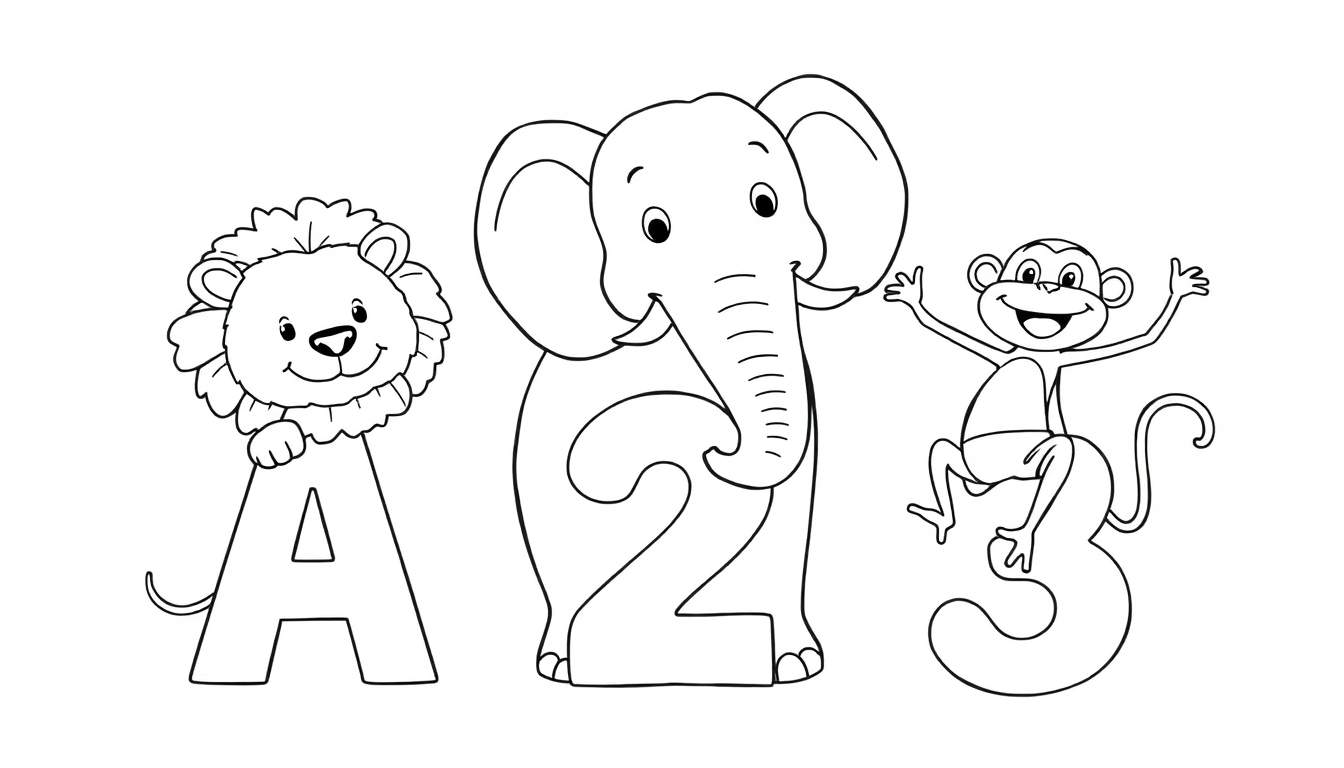 Página para colorir com leão na letra A, elefante no número 2 e macaco no número 3.