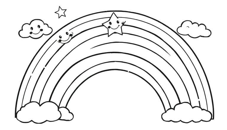 Desenho a traço de um arco-íris sorridente com nuvens e estrelas para colorir.