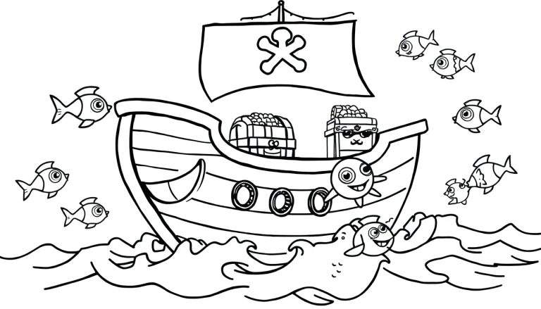 Página para colorir mostrando um barco pirata com vela de caveira, baús de tesouro com rostos sorridentes, um peixe antropomórfico e peixes menores em águas agitadas. Estilo cartoon.