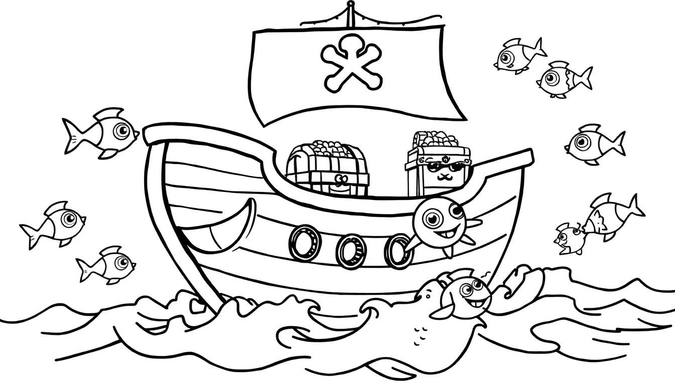Página para colorir mostrando um barco pirata com vela de caveira, baús de tesouro com rostos sorridentes, um peixe antropomórfico e peixes menores em águas agitadas. Estilo cartoon.