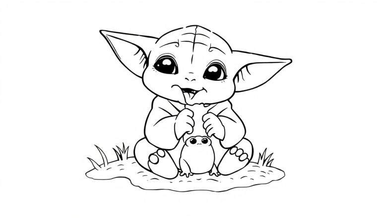 Página para colorir de um bebé Yoda fofo com orelhas grandes e olhos redondos, sentado na relva e a segurar um pequeno sapo.