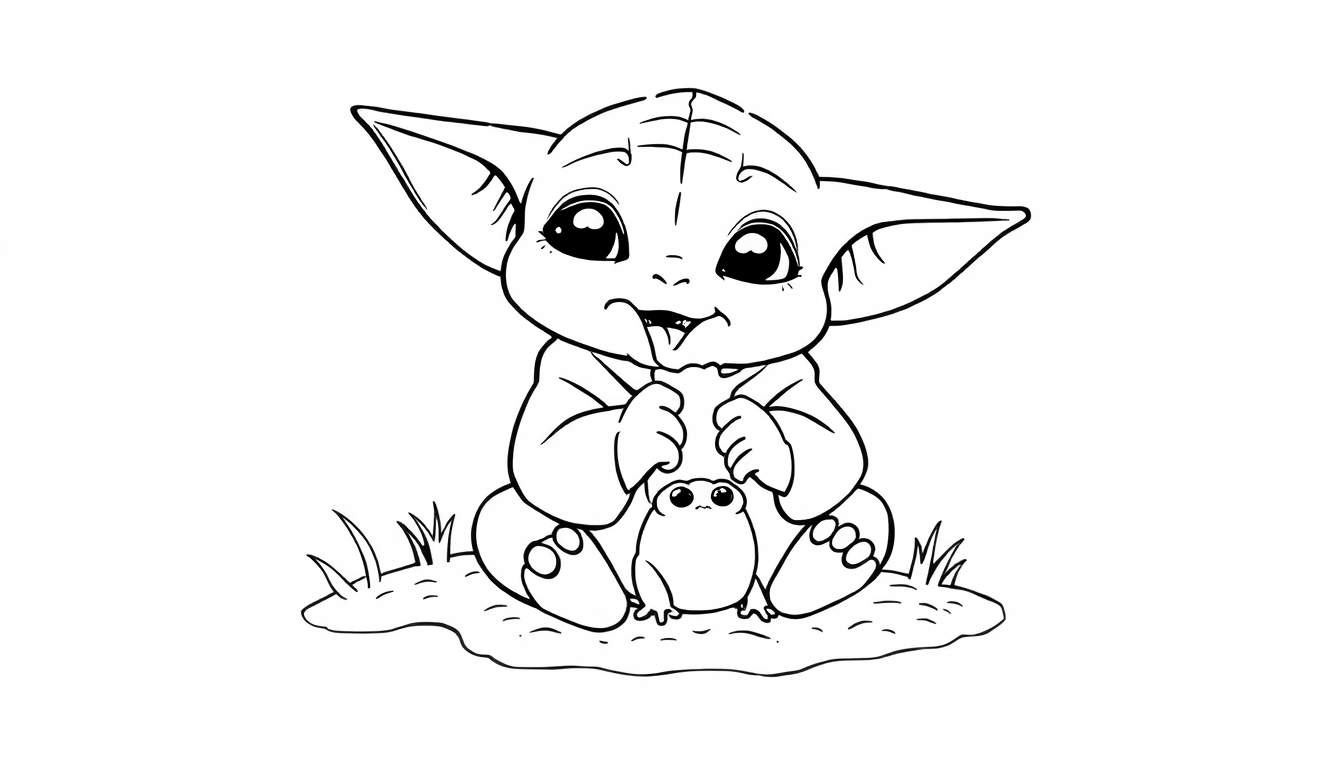 Página para colorir de um bebé Yoda fofo com orelhas grandes e olhos redondos, sentado na relva e a segurar um pequeno sapo.