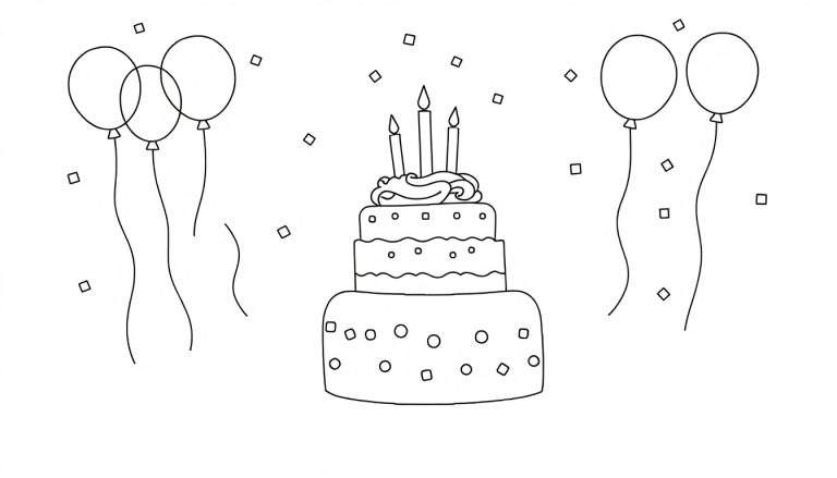 Página para colorir de um bolo de aniversário de três andares com glacê, velas, balões e confetes em forma de quadrado.