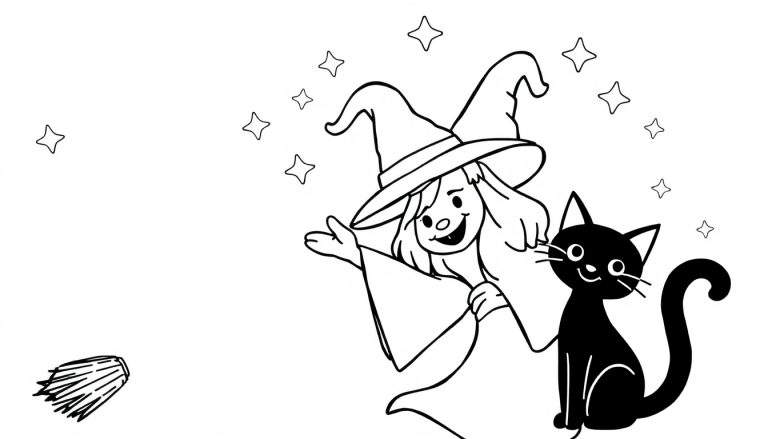 Desenho a preto e branco de uma bruxa acenando com um chapéu pontudo e um gato preto sentado ao seu lado, com estrelas ao fundo e uma vassoura no canto inferior esquerdo.