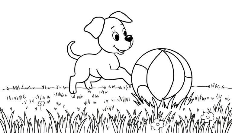 Página para colorir de um cachorro de desenho animado feliz prestes a perseguir uma bola em um campo gramado com flores.