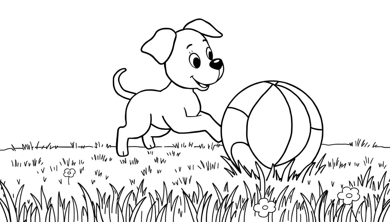 Página para colorir de um cachorro de desenho animado feliz prestes a perseguir uma bola em um campo gramado com flores.