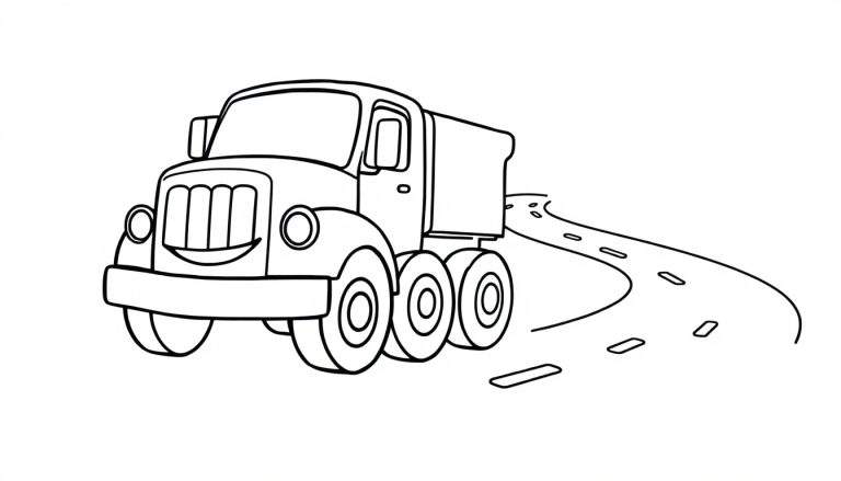 Página para colorir de um camião de despejo de desenho animado com um sorriso, a conduzir numa estrada curva.