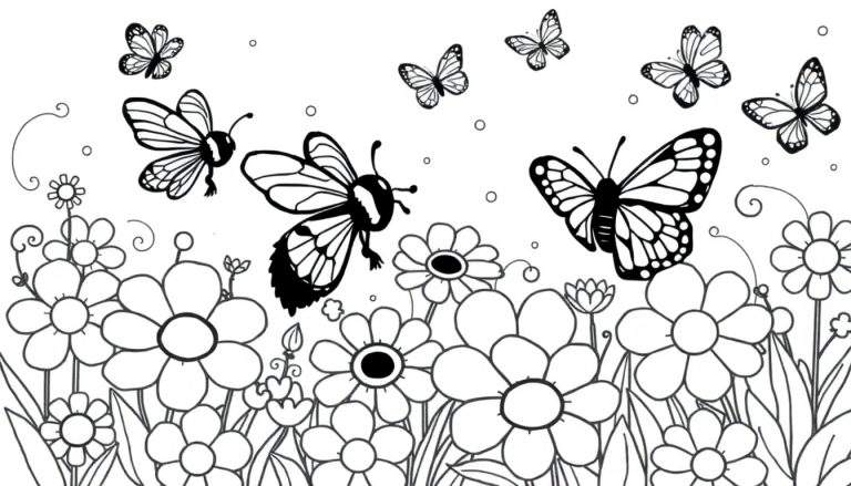 Desenho a preto e branco de um campo de flores com várias borboletas no céu, para colorir.