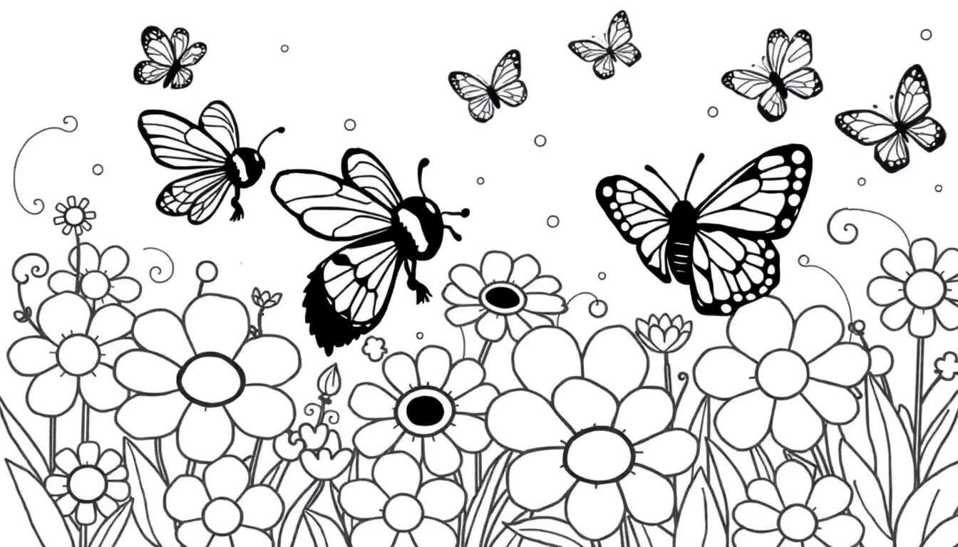 Desenho a preto e branco de um campo de flores com várias borboletas no céu, para colorir.
