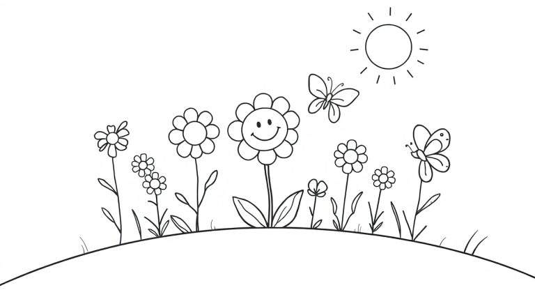 Página para colorir de um campo com sol sorridente, flores diversas, borboletas e grama.