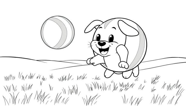 Um cãozinho de desenho animado a saltar para apanhar uma bola listrada num campo com relva.
