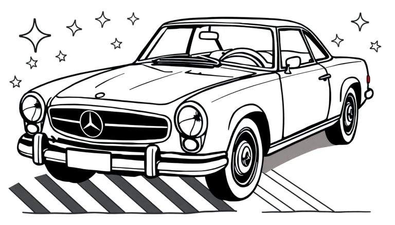 Página para colorir de um carro clássico de estilo Mercedes-Benz com estrelas acima, numa faixa de peões.