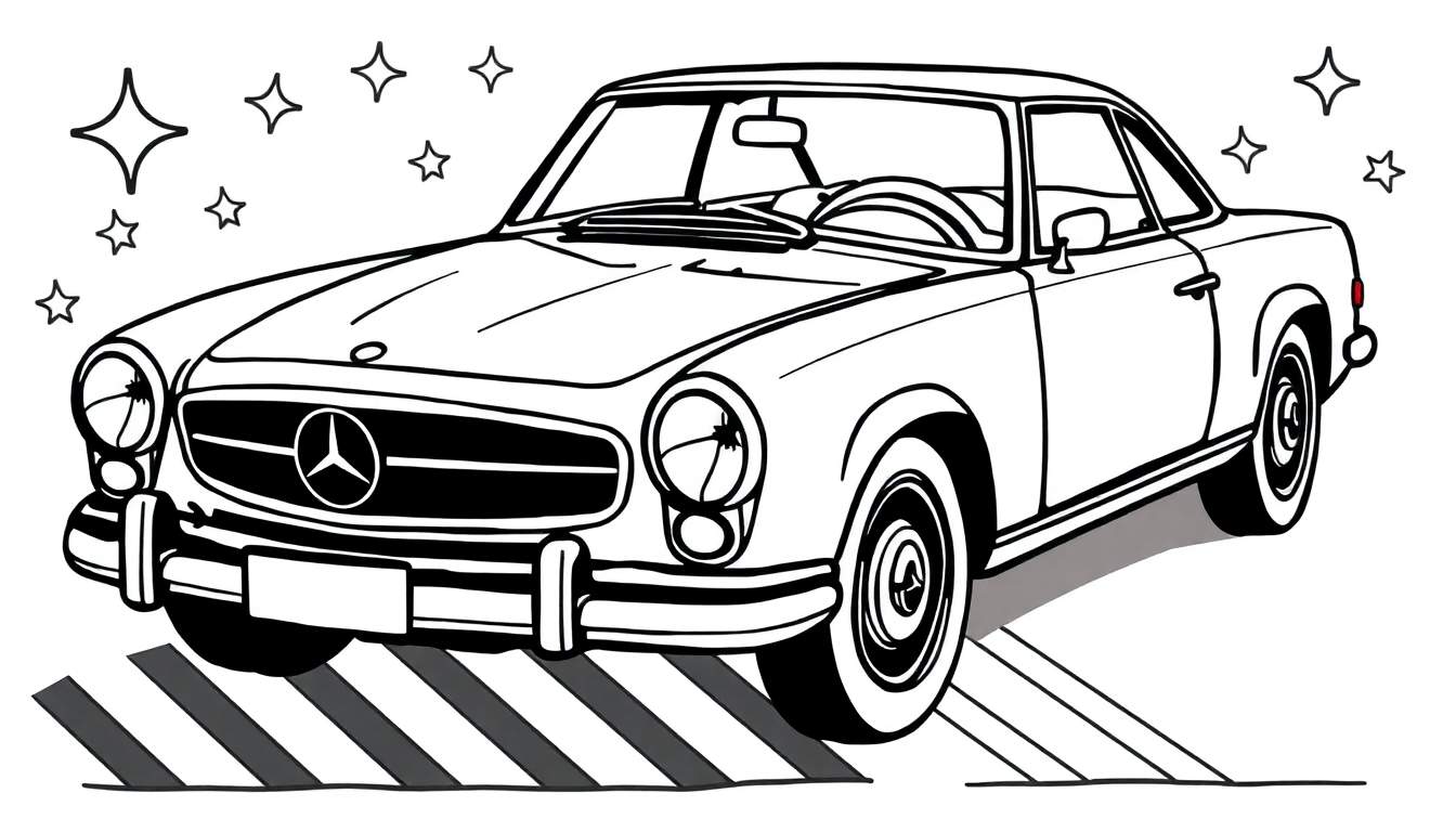 Página para colorir de um carro clássico de estilo Mercedes-Benz com estrelas acima, numa faixa de peões.