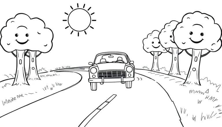 Desenho para colorir de um carro numa estrada sinuosa com árvores felizes à beira da estrada.