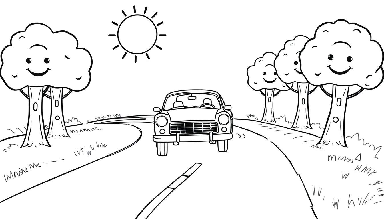 Desenho para colorir de um carro numa estrada sinuosa com árvores felizes à beira da estrada.