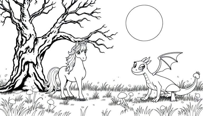 Página para colorir com cavalo, dragão, tronco de árvore, lua e cogumelos.