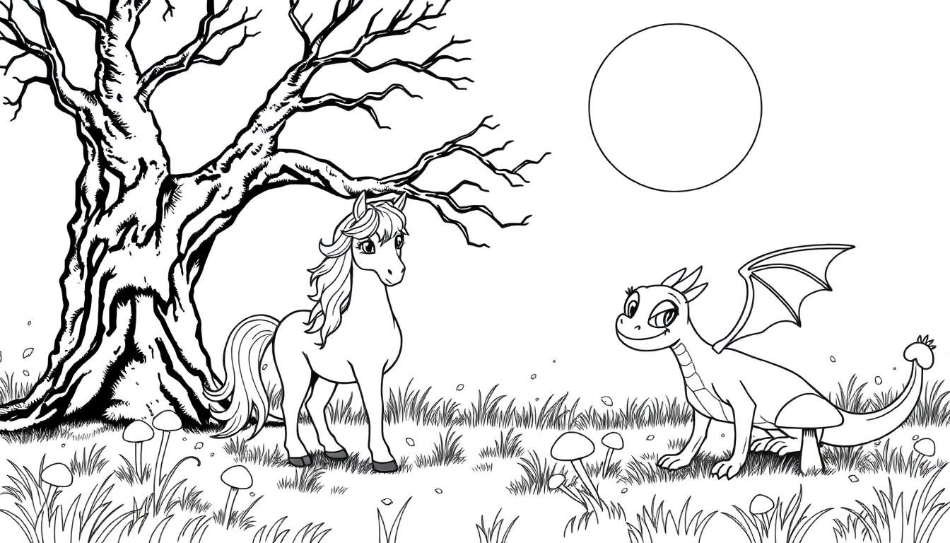 Página para colorir com cavalo, dragão, tronco de árvore, lua e cogumelos.
