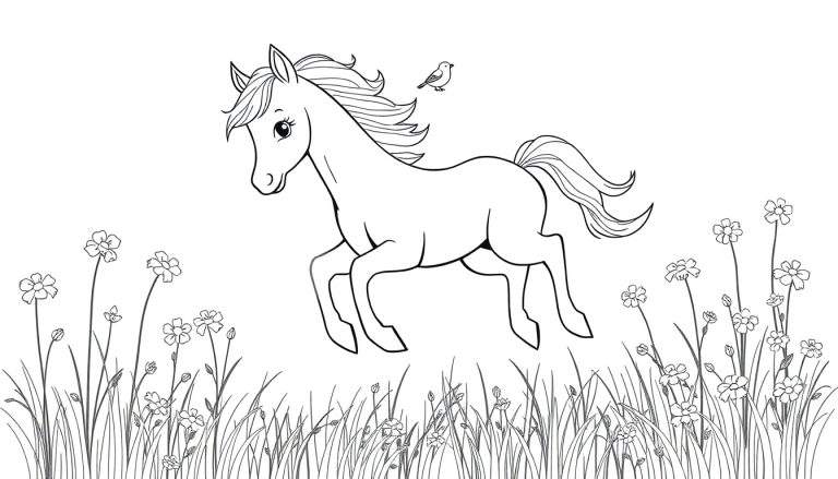 Página para colorir de um cavalo a galope num campo de flores com um pássaro nas costas.