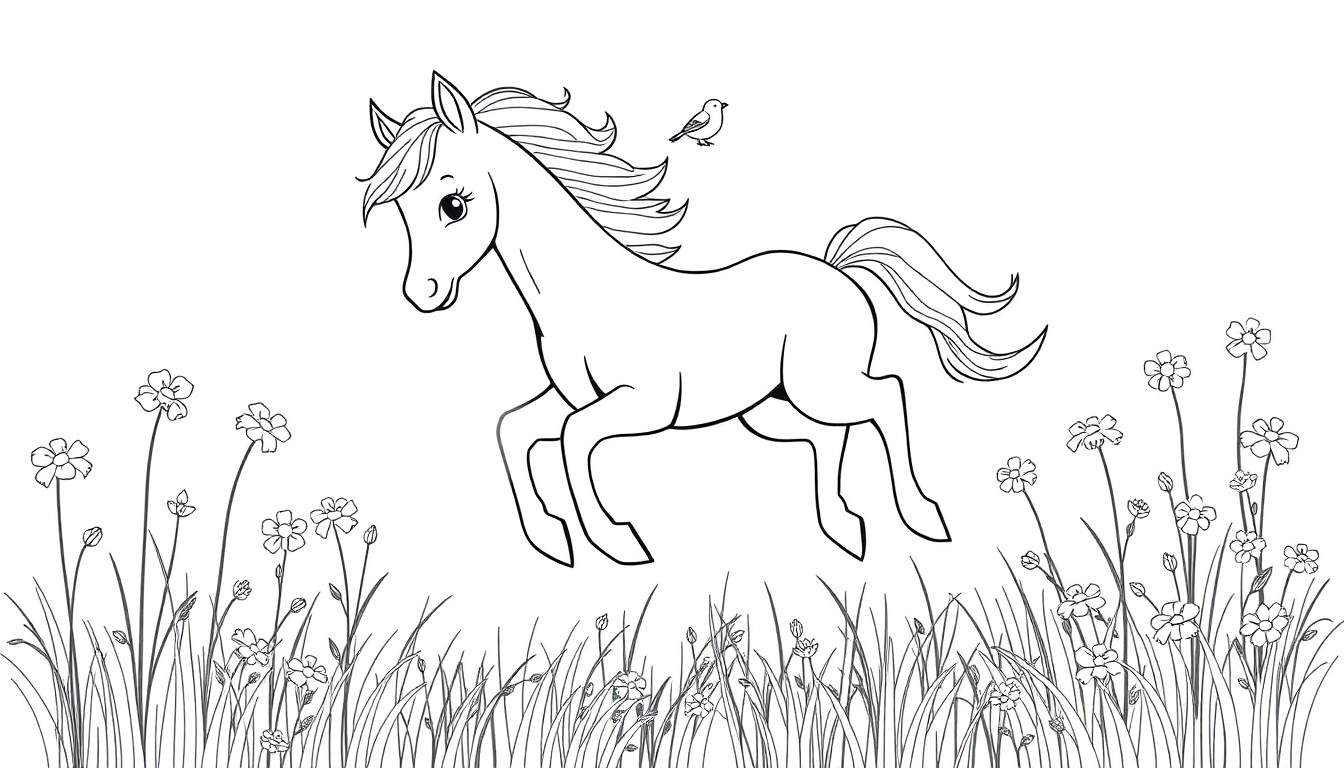 Página para colorir de um cavalo a galope num campo de flores com um pássaro nas costas.