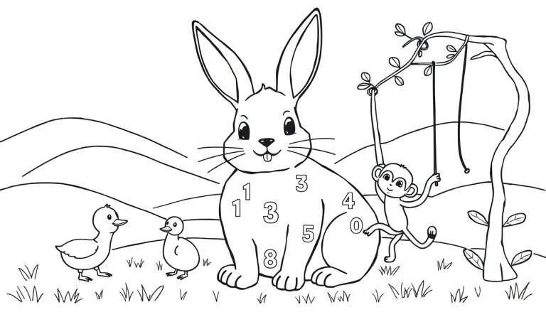Desenho para colorir de um coelho com números, patos e um macaco num campo.