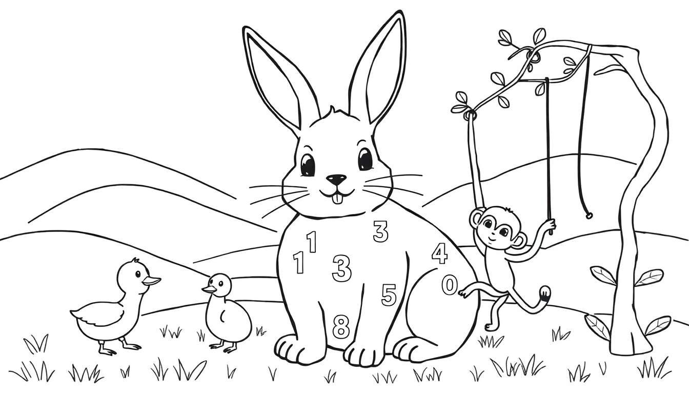 Desenho para colorir de um coelho com números, patos e um macaco num campo.
