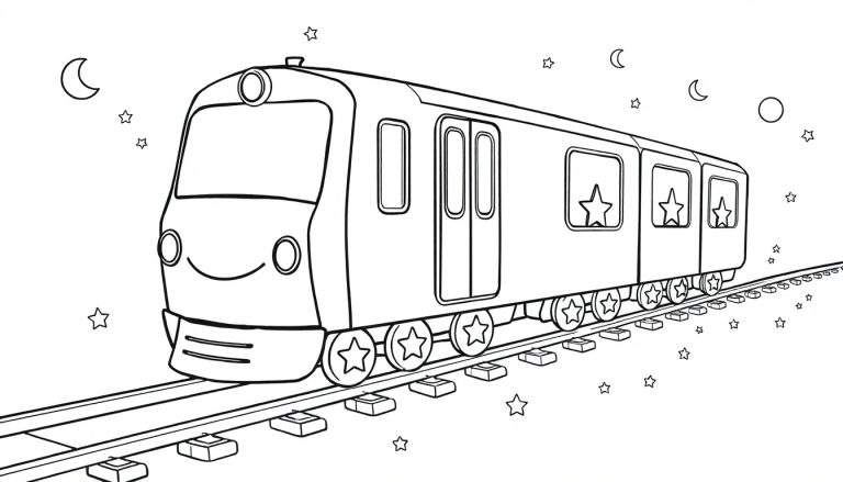 Desenho a preto e branco de um comboio de metro sorridente a andar nos carris sob um céu noturno com luas e estrelas.