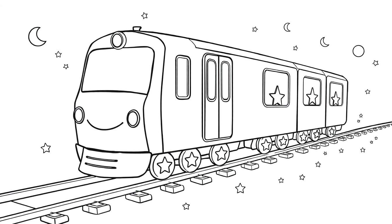 Desenho a preto e branco de um comboio de metro sorridente a andar nos carris sob um céu noturno com luas e estrelas.