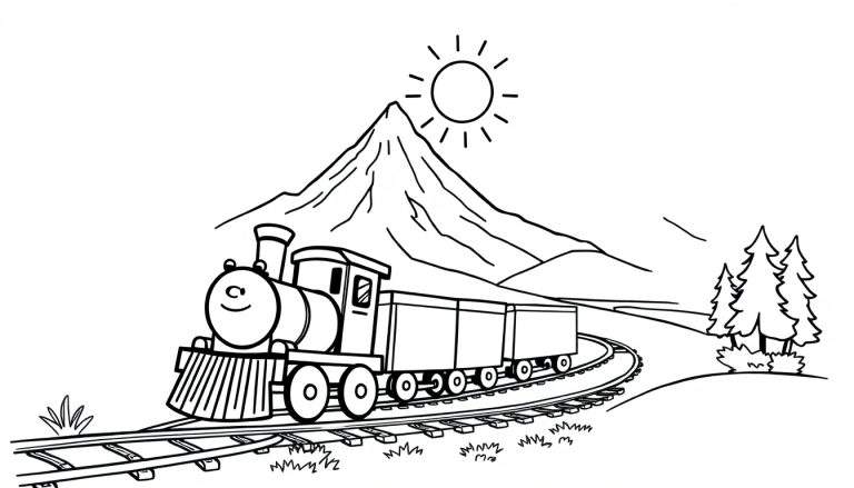 Desenho a preto e branco de um comboio a vapor sorridente a viajar numa paisagem com montanhas, sol e árvores.