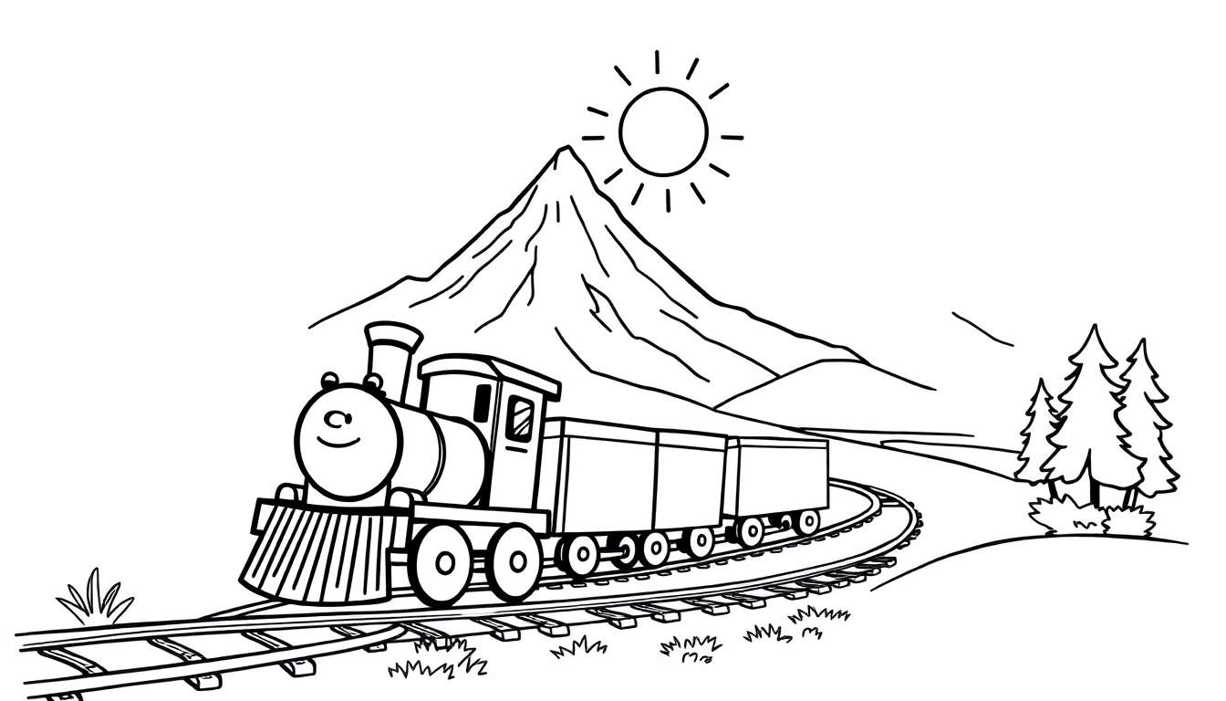 Desenho a preto e branco de um comboio a vapor sorridente a viajar numa paisagem com montanhas, sol e árvores.