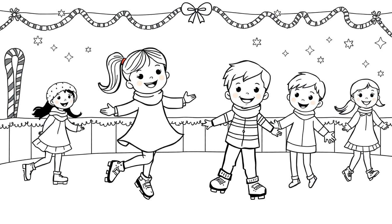 Página para colorir de um grupo de cinco crianças a patinar juntas numa pista de gelo, usando roupas quentes de inverno como cachecóis e gorros, com uma faixa decorativa no topo.
