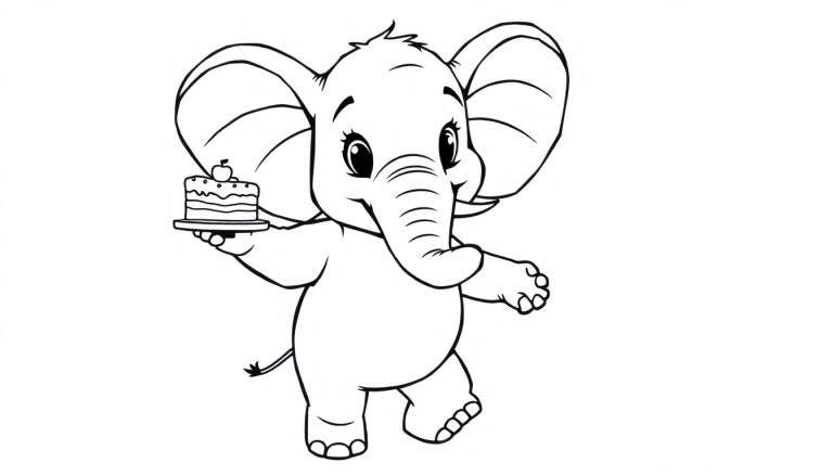 Elefante bebé de desenho animado com bolo para colorir