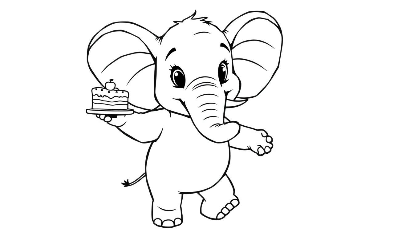 Elefante bebé de desenho animado com bolo para colorir