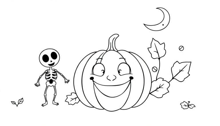 Desenho em preto e branco de um esqueleto sorridente à esquerda e uma abóbora sorridente à direita, com uma lua crescente acima, folhas e bolhas, para colorir.