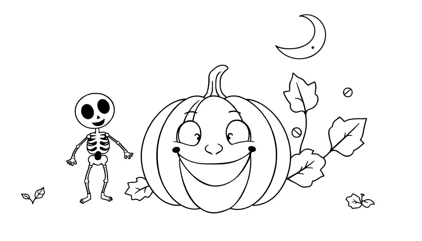 Desenho em preto e branco de um esqueleto sorridente à esquerda e uma abóbora sorridente à direita, com uma lua crescente acima, folhas e bolhas, para colorir.
