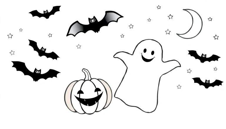 Ilustração de página para colorir de Halloween com um fantasma sorridente, abóbora assustadora, morcegos, estrelas e lua crescente.