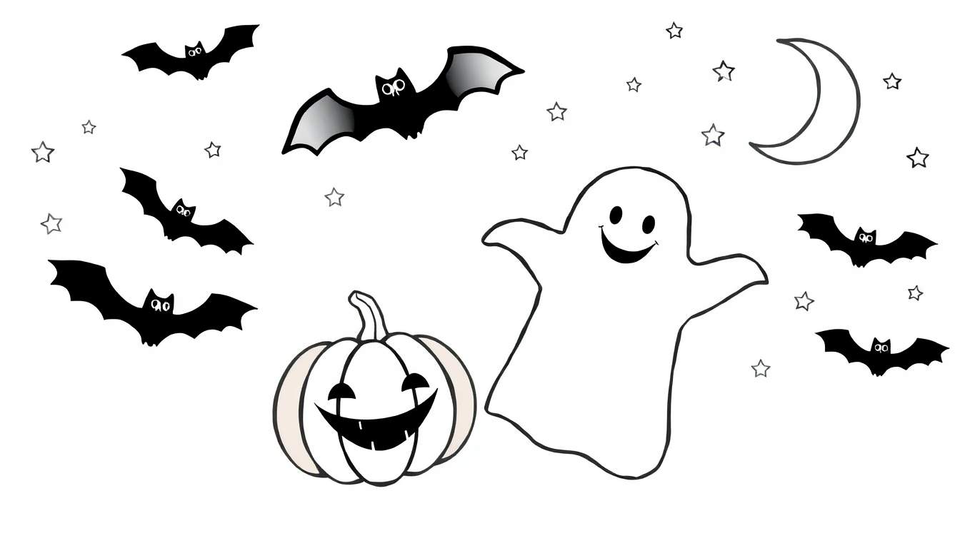 Ilustração de página para colorir de Halloween com um fantasma sorridente, abóbora assustadora, morcegos, estrelas e lua crescente.