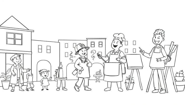 Página para colorir com cena de rua: crianças e adultos fantasiados de bombeiro, chef, artista e outras profissões, com elementos arquitetônicos ao fundo.
