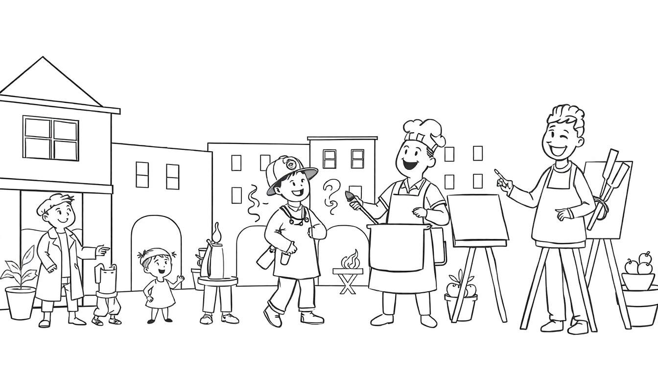 Página para colorir com cena de rua: crianças e adultos fantasiados de bombeiro, chef, artista e outras profissões, com elementos arquitetônicos ao fundo.