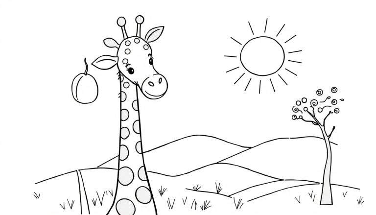 Desenho a preto e branco de uma girafa sorridente com manchas circulares, uma fruta pendurada, um sol radiante, colinas e uma árvore decorativa, ideal para páginas para colorir infantis.