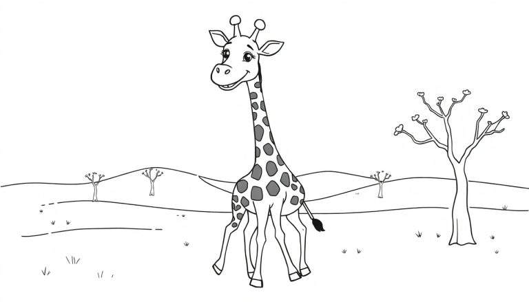 Desenho em preto e branco de uma girafa feliz em pé em um campo com colinas e arbustos atrás, página para colorir.