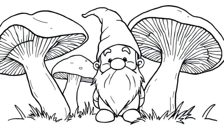 Página para colorir de um gnomo sorridente em uma floresta com cogumelos grandes.
